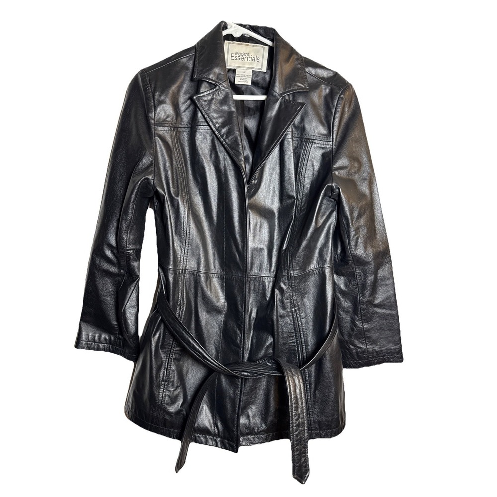 Modern‎ Essentials Womens Leather Jacket S Black Belted Blazer Coat Genuine